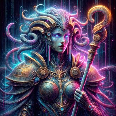 The primary subject of the image is a woman dressed in a metal armor, holding a staff. She appears to be a warrior or a character from a fantasy world. The setting is a purple background, which adds to the overall atmosphere of the image. The visual style is digital art, as the woman is depicted in a detailed and intricate manner. The colors and mood of the image are predominantly purple, which gives it a mystical and enchanting feel.